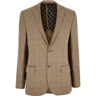 Camel check wool-blend tailored fit blazer